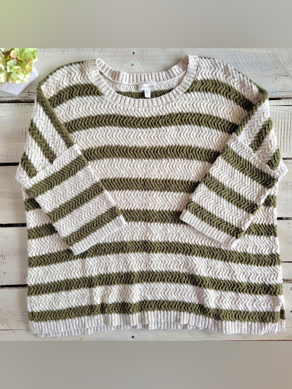 Garnet Hill Olive Green Cream Striped Crewneck Sweater 100% Organic Cotton Sz M